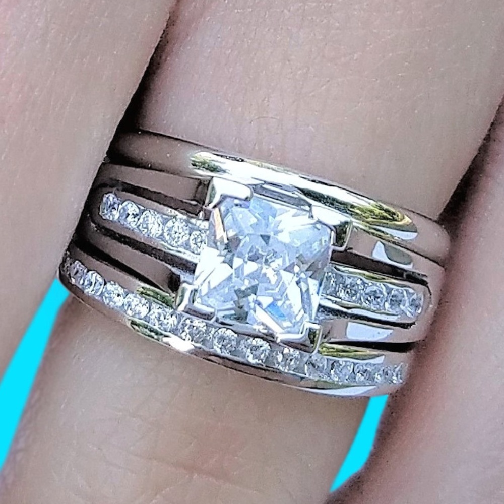 3 PC Sterling Silver Engagement Wedding Ring Set